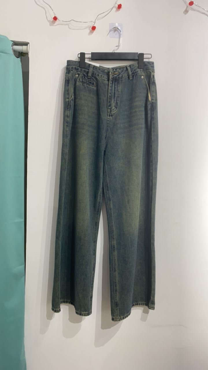 2024秋冬款阔腿牛仔长裤复古蓝时尚潮流显气质