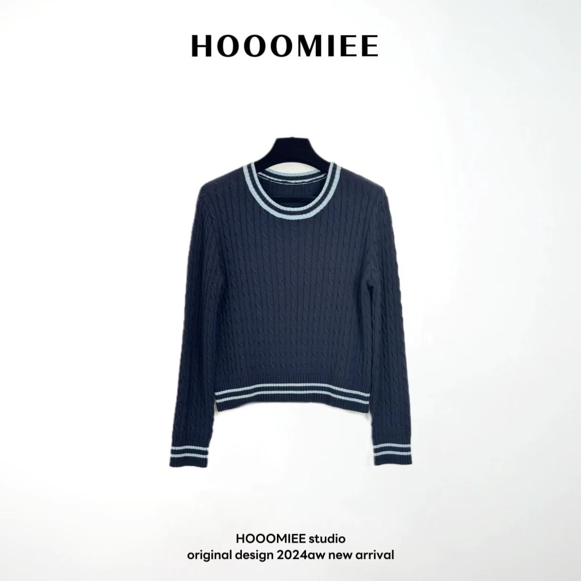 Hooomiee秋冬设计师白边圆领套头宝蓝色长袖女士毛衣TY24349