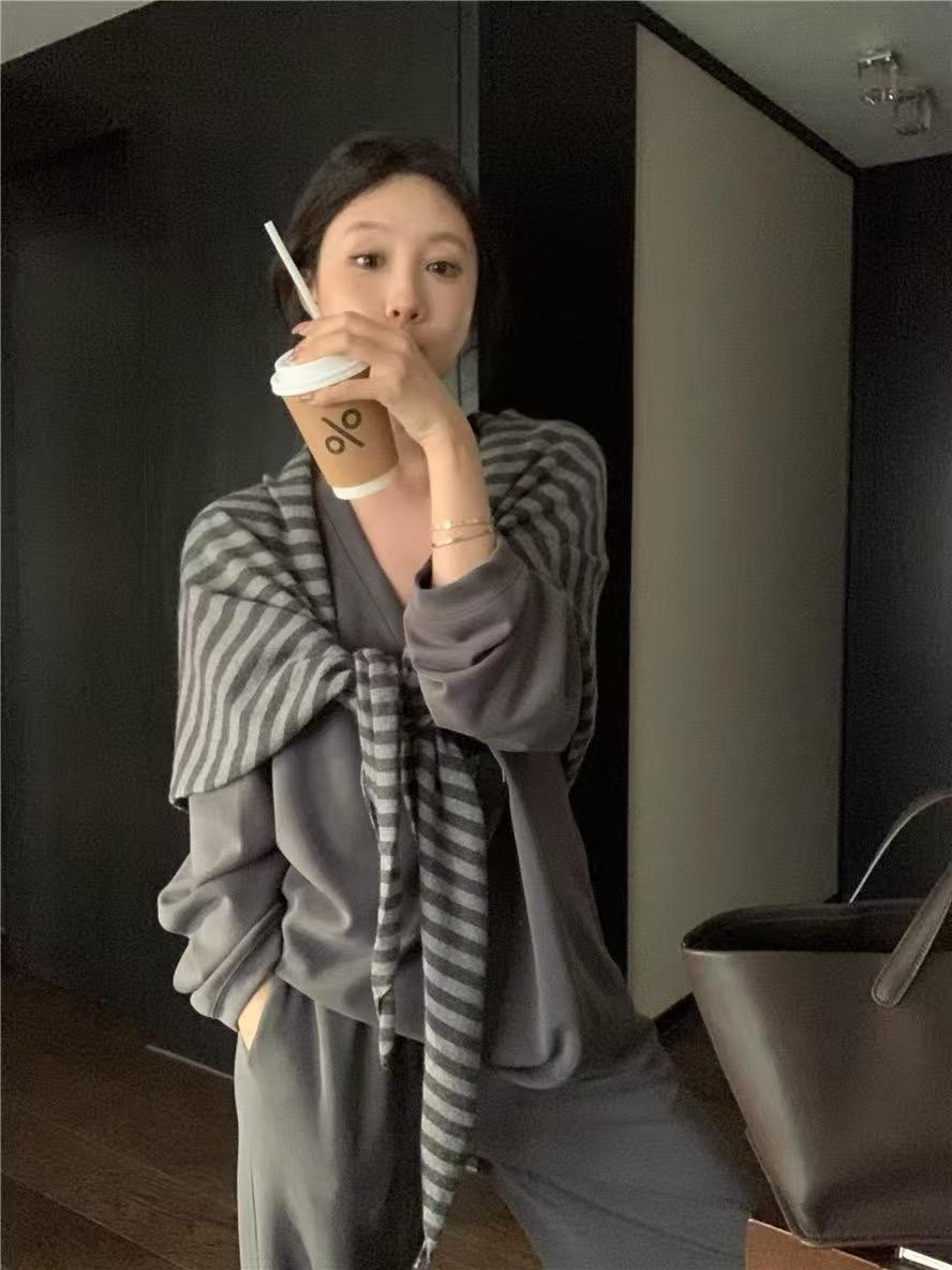 拼接撞色条纹宽松型披肩常规防风针织显瘦夏季千金风百搭