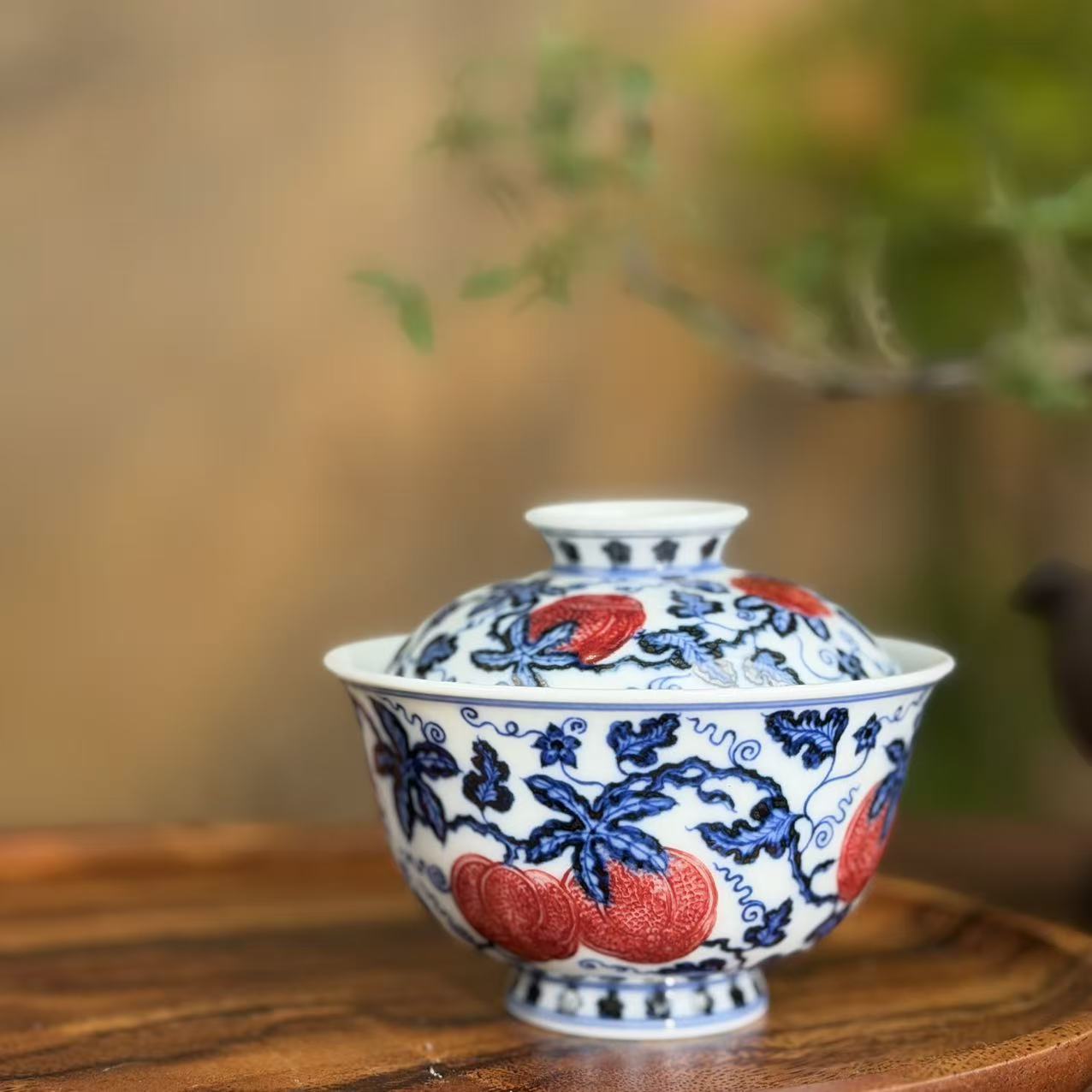 屹朴青花釉里红西瓜盖碗YP095纯手工陶瓷