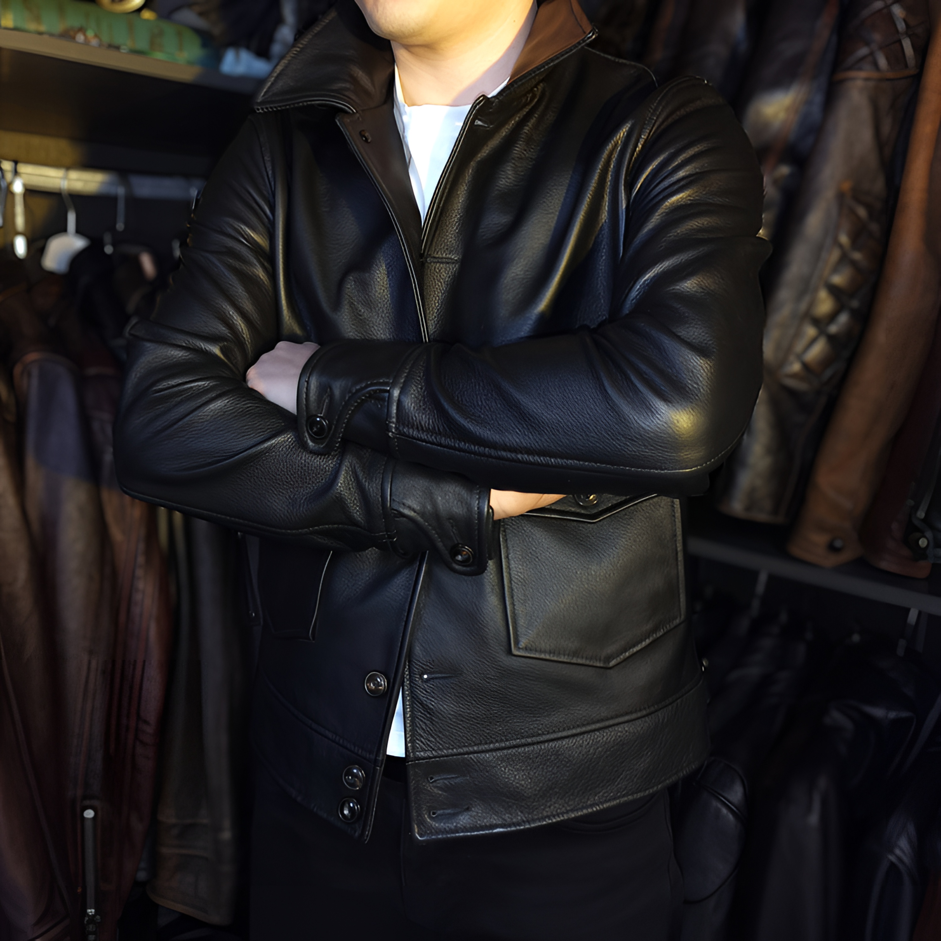 巴基斯坦2310进口黄牛皮男士翻领真皮商务休闲皮夹克时尚短款修身