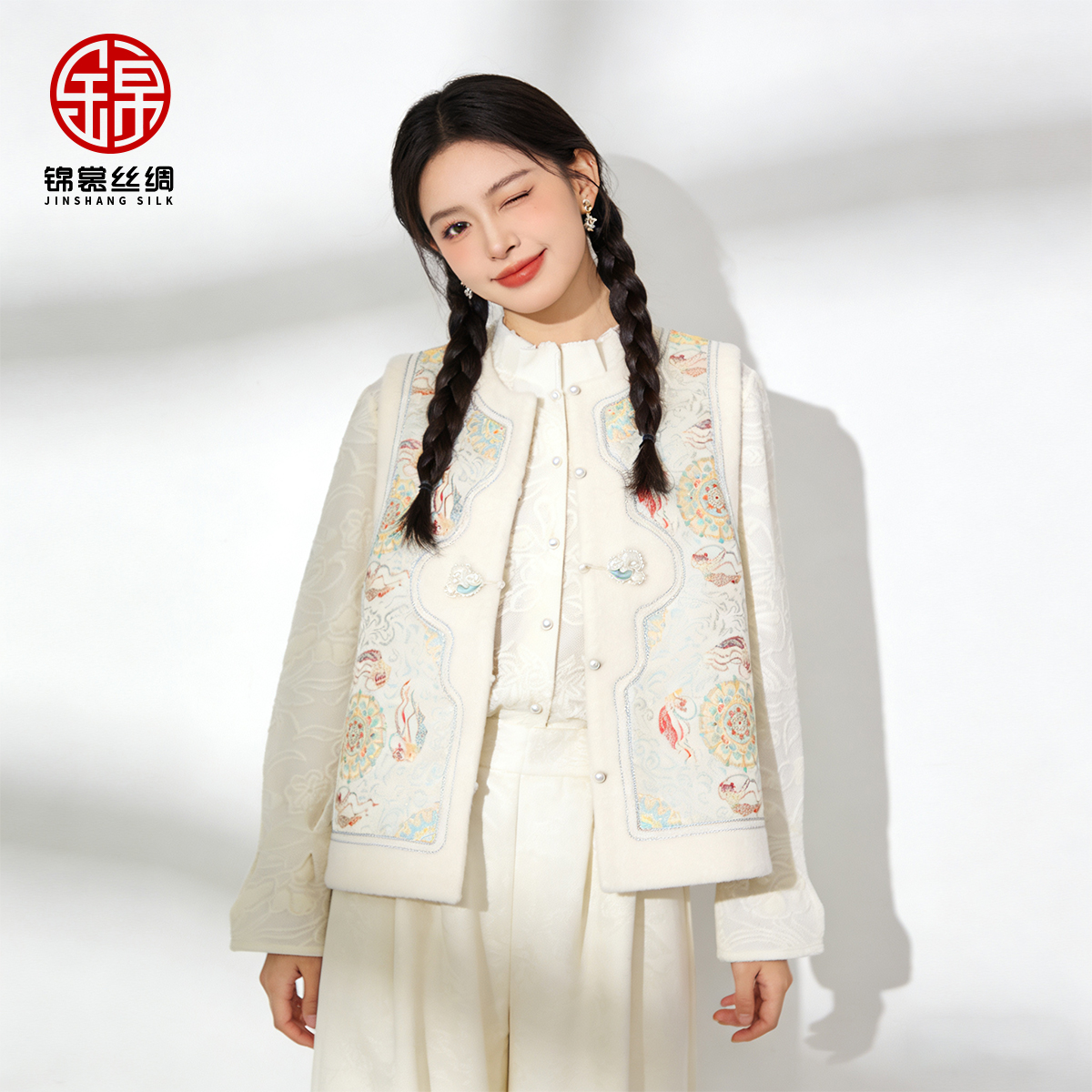锦裳丝绸【敦煌仙女】张国权四重纬宋锦马甲填充桑蚕丝拼毛呢棉服