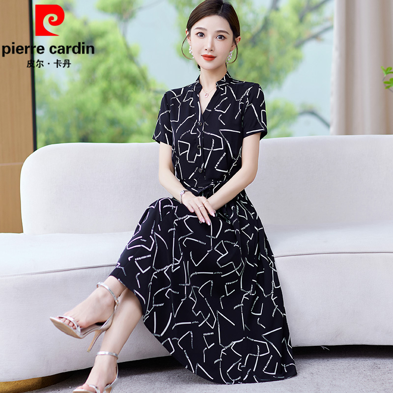 皮尔卡丹妈妈夏装时尚气质连衣裙高贵新款阔太太女夏季洋气雪纺裙