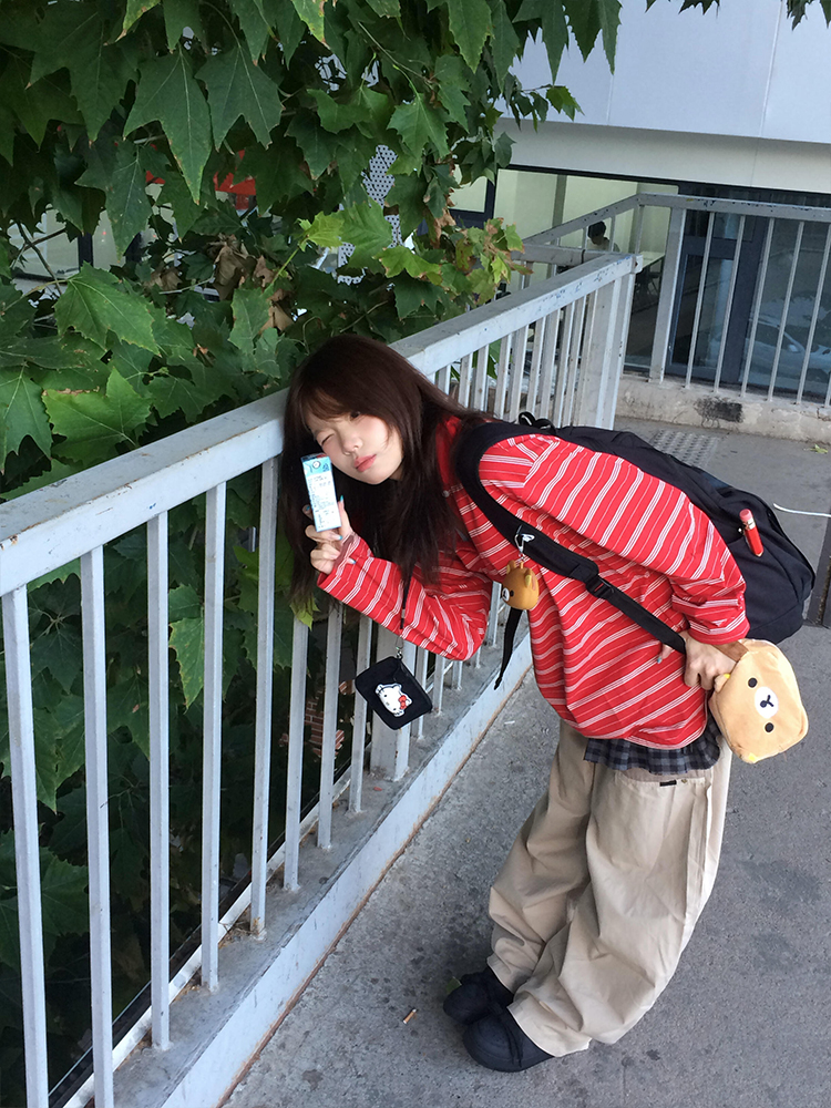 美式慵懒风拼色条纹polo领长袖t恤女秋季宽松休闲百搭打底衫上衣