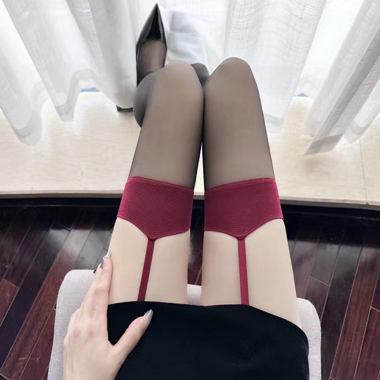 性感黑丝袜子红黑撞色一体丝袜薄款防勾丝长筒丝袜W1