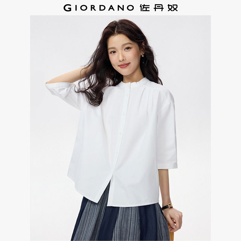 【双11抢先购】佐丹奴秋新款纯棉肩部压褶小立领中袖衬衫女05345870