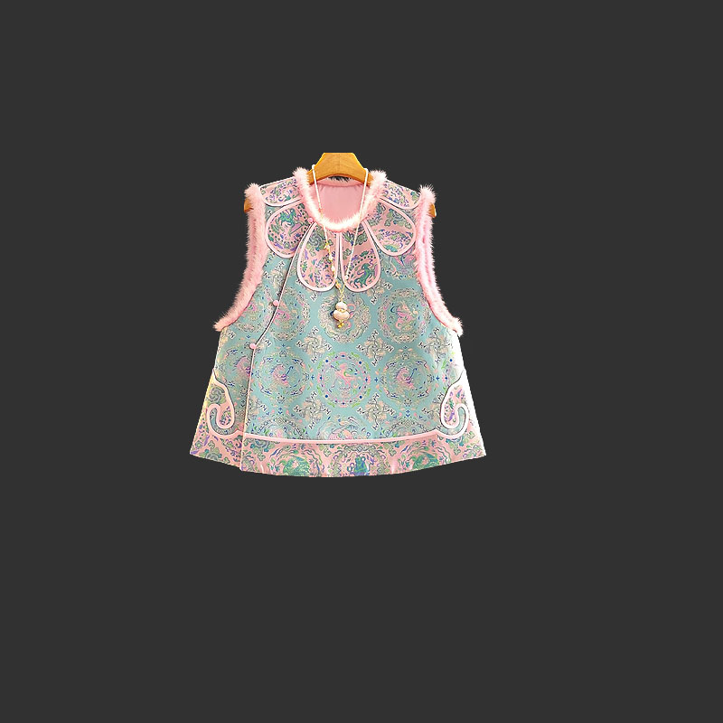 南油新中式百搭蚕丝丝锦水貂毛粉色冬季夹棉十二生肖厚款女棉马甲