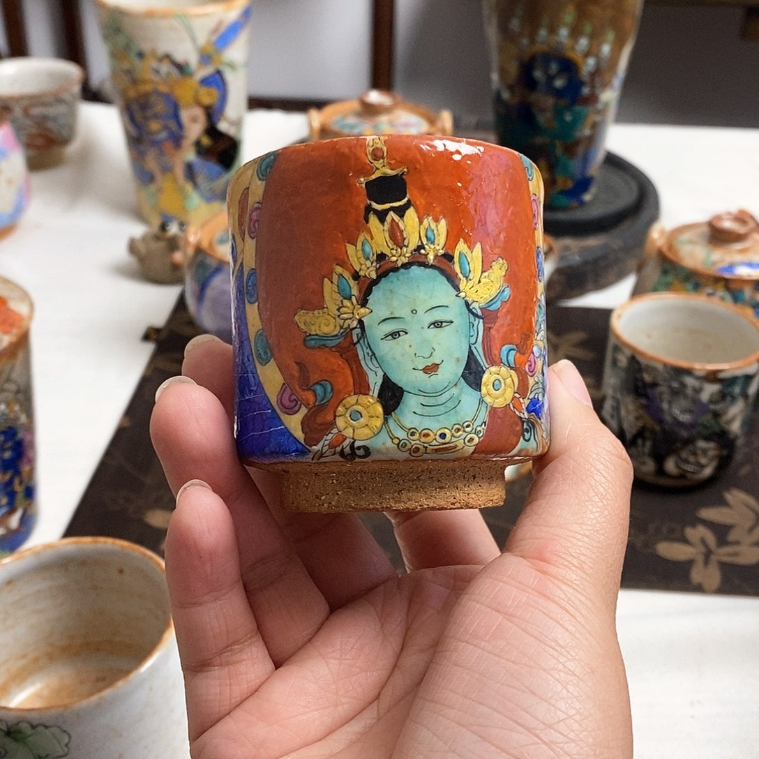 手工手绘绿度母茶杯