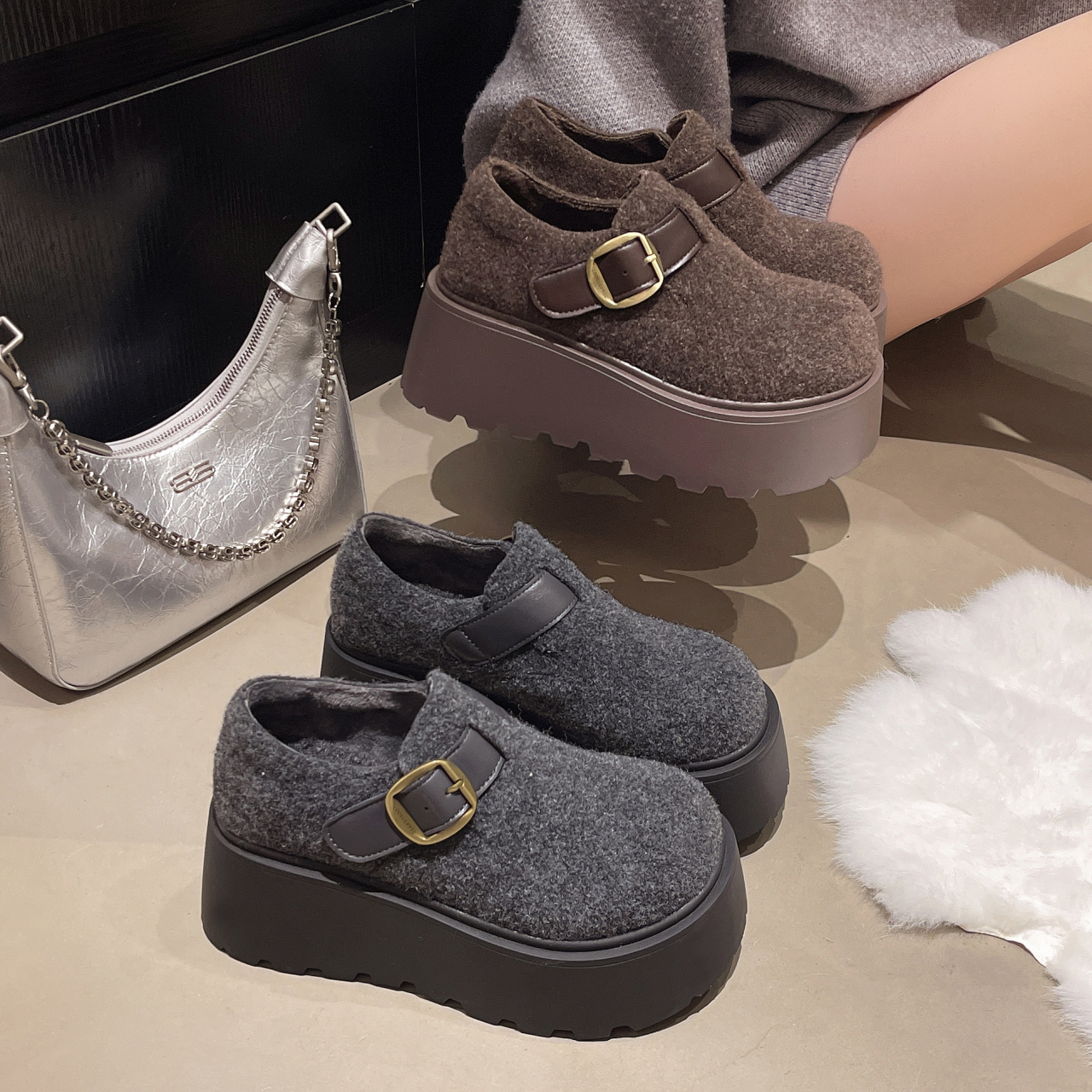 灰色毛呢勃肯鞋女冬季加绒复古森系棉鞋2026新款小个子增高豆豆鞋