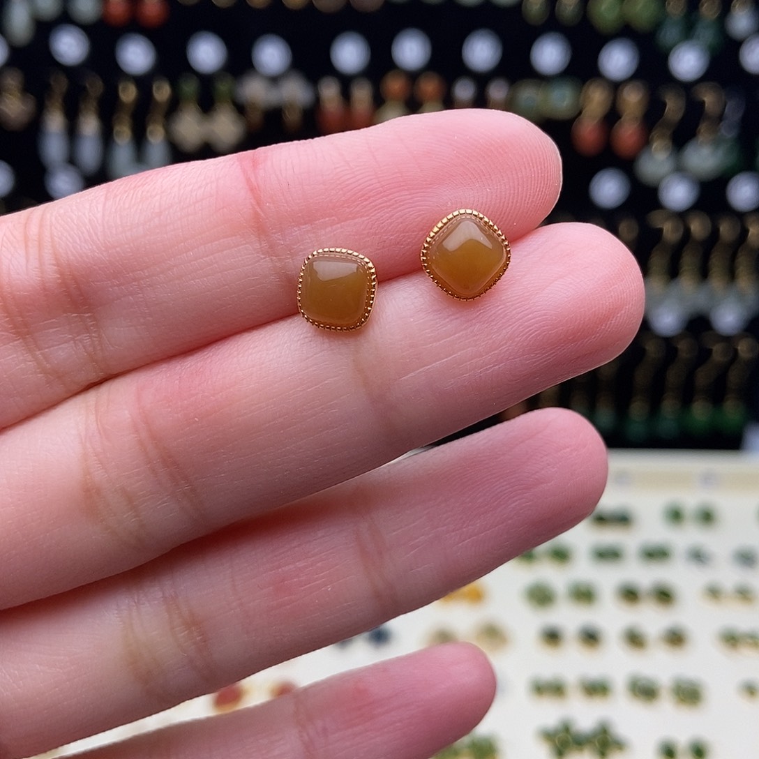 和田玉银S925镀金镶嵌耳饰