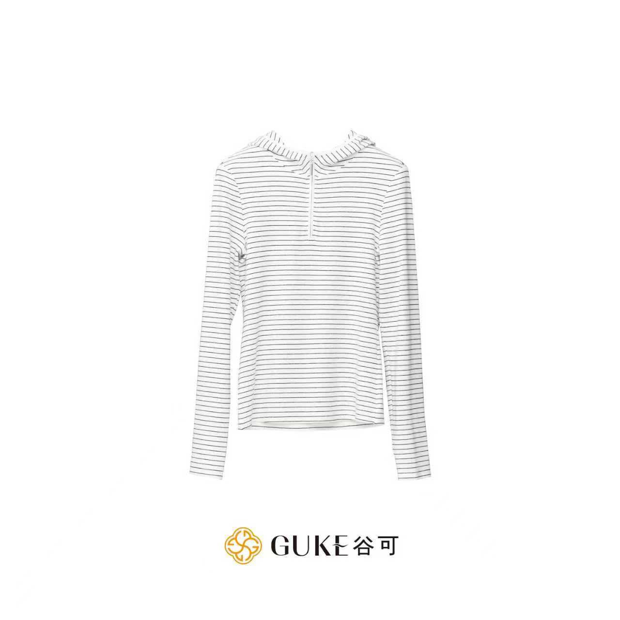 GKE/谷可C1081连帽灰白条纹修身上衣2025休闲日常百搭时尚针织衫