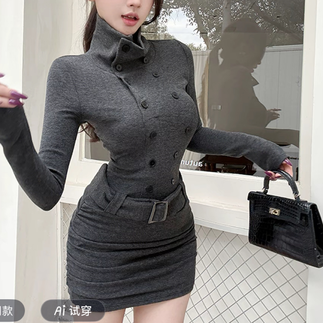 （纯欲辣妹）高领长袖收腰显瘦秋冬包臀连衣裙625施