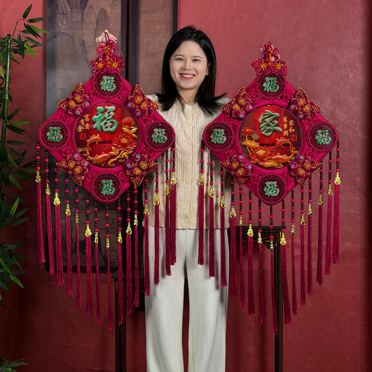 故宫红F【金鳞锦鲤】五福中国结挂件客厅新年家居宽51高125 M39F-5Y