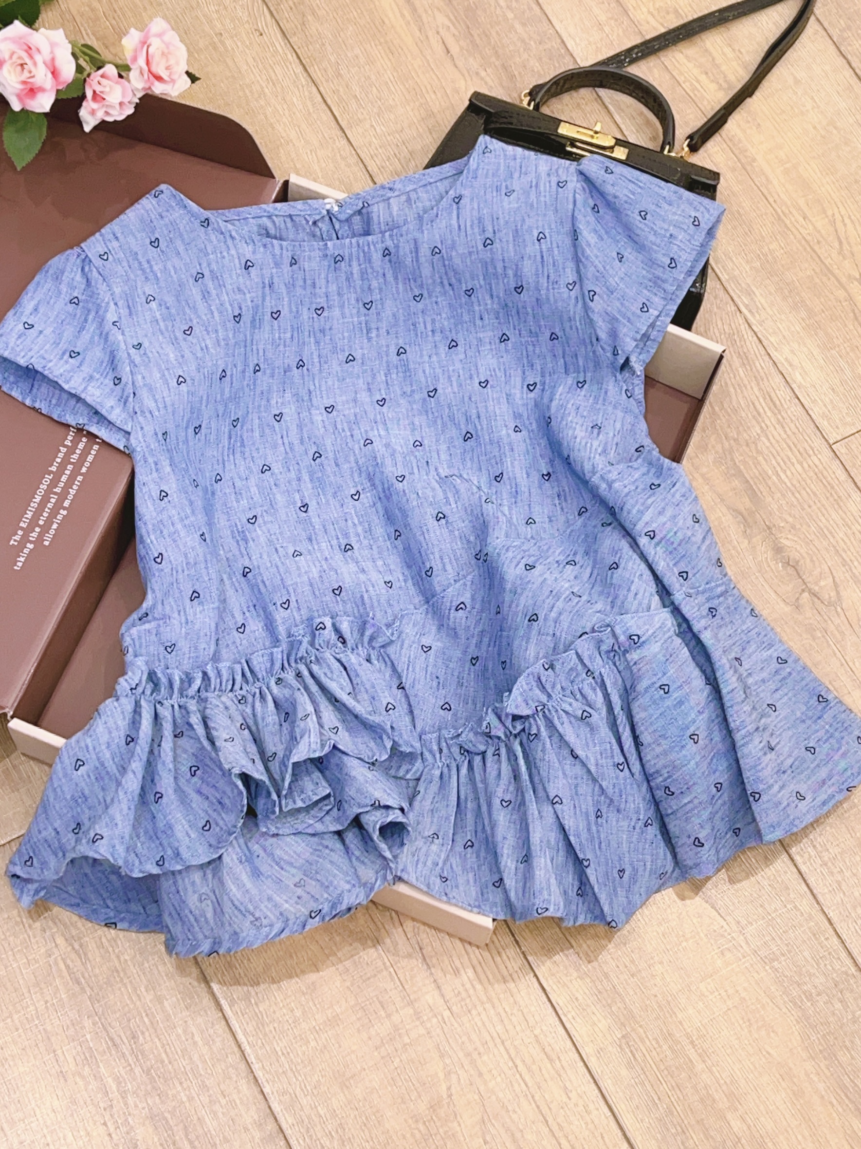 琳心丨夏季新款蓝色爱心满印荷叶边圆领衬衫 AL0937