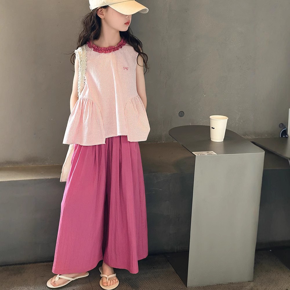 女童夏季套装2025新款洋气时髦儿童条纹无袖小衫阔腿裤两件套童装