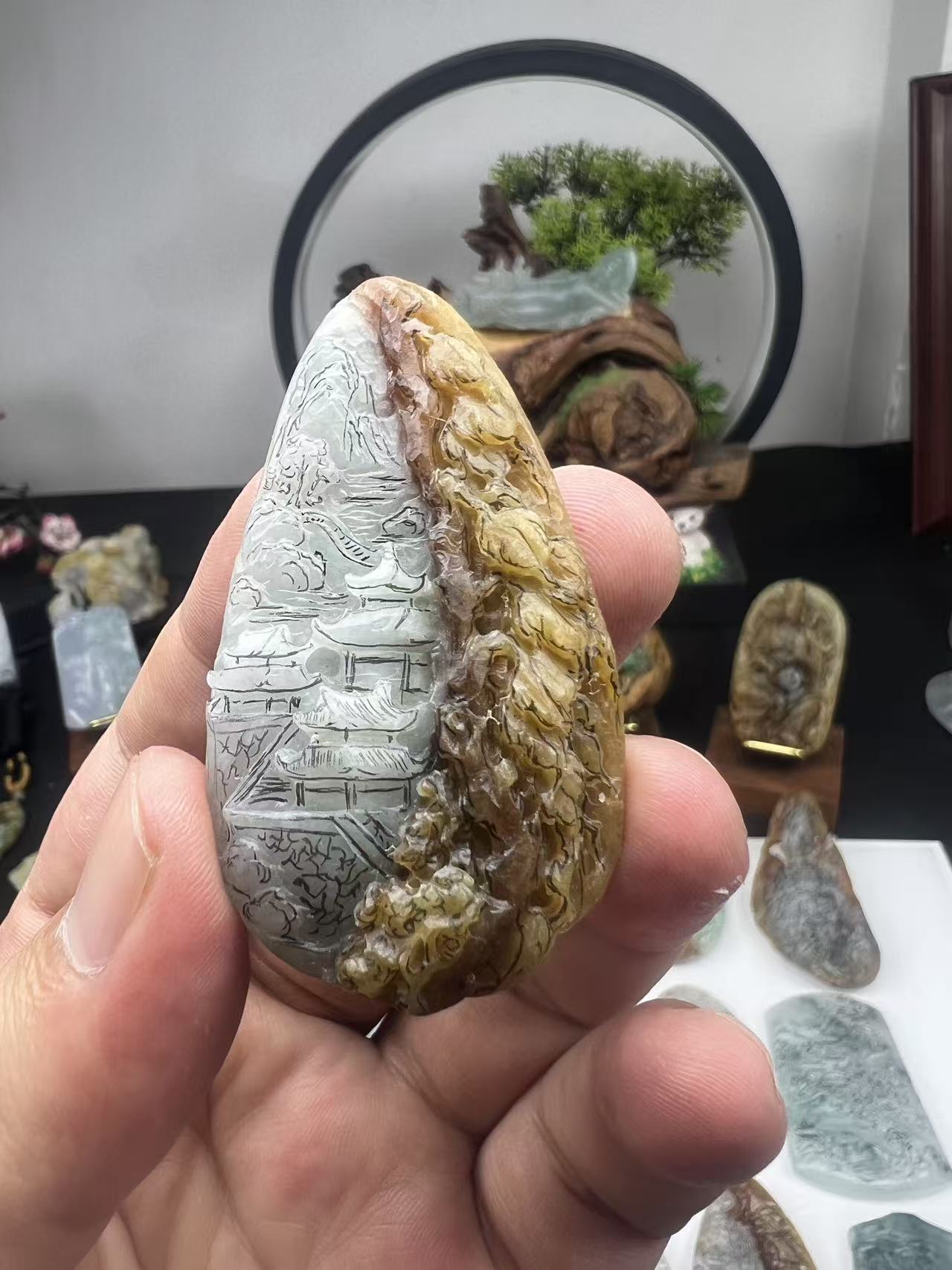 天然缅甸翡翠黄翡山水牌毛货买断需抛光尺寸59-34-12