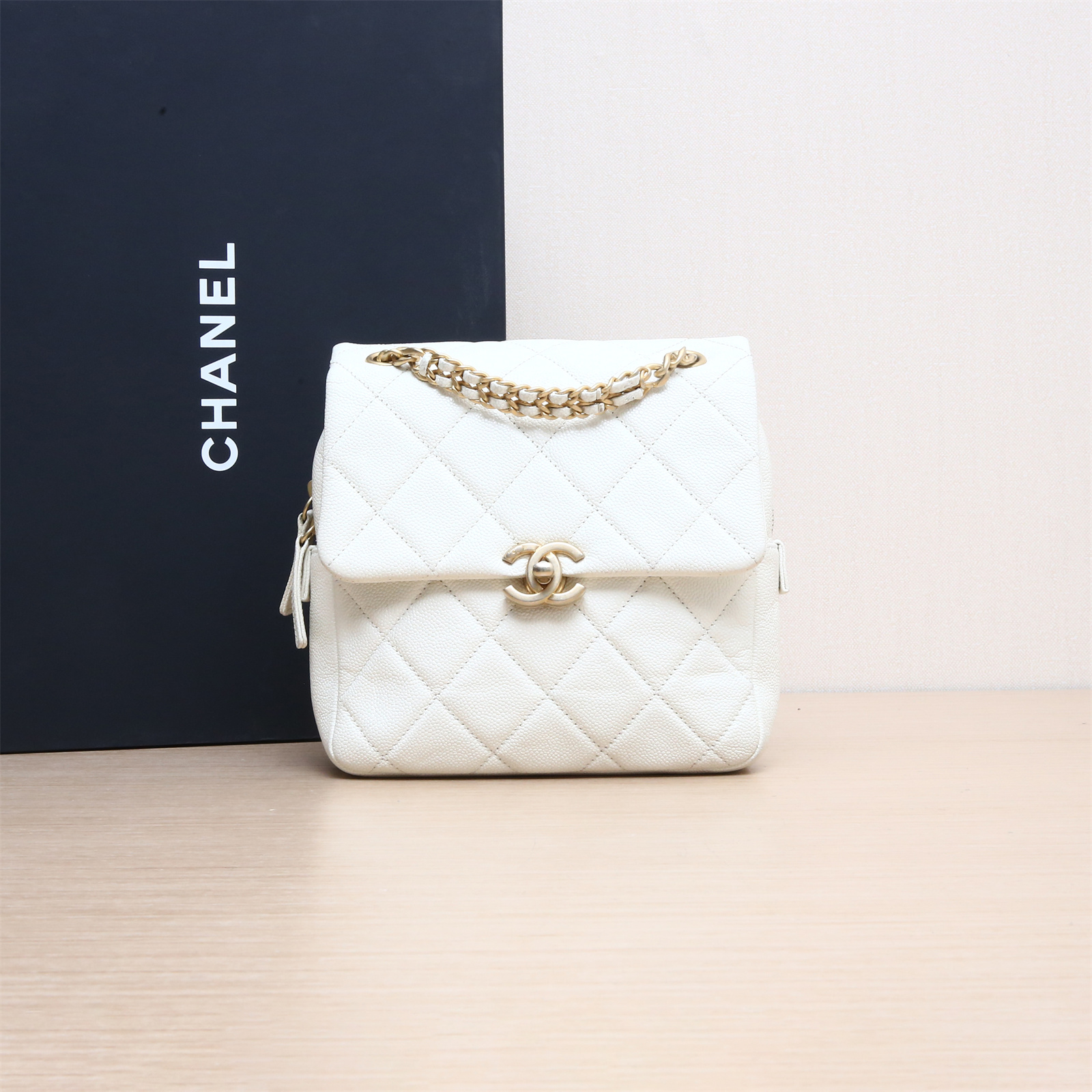 95新 Chanel/香奈儿 小花双双 23P Ado 双肩包 白色 荔枝牛 芯片