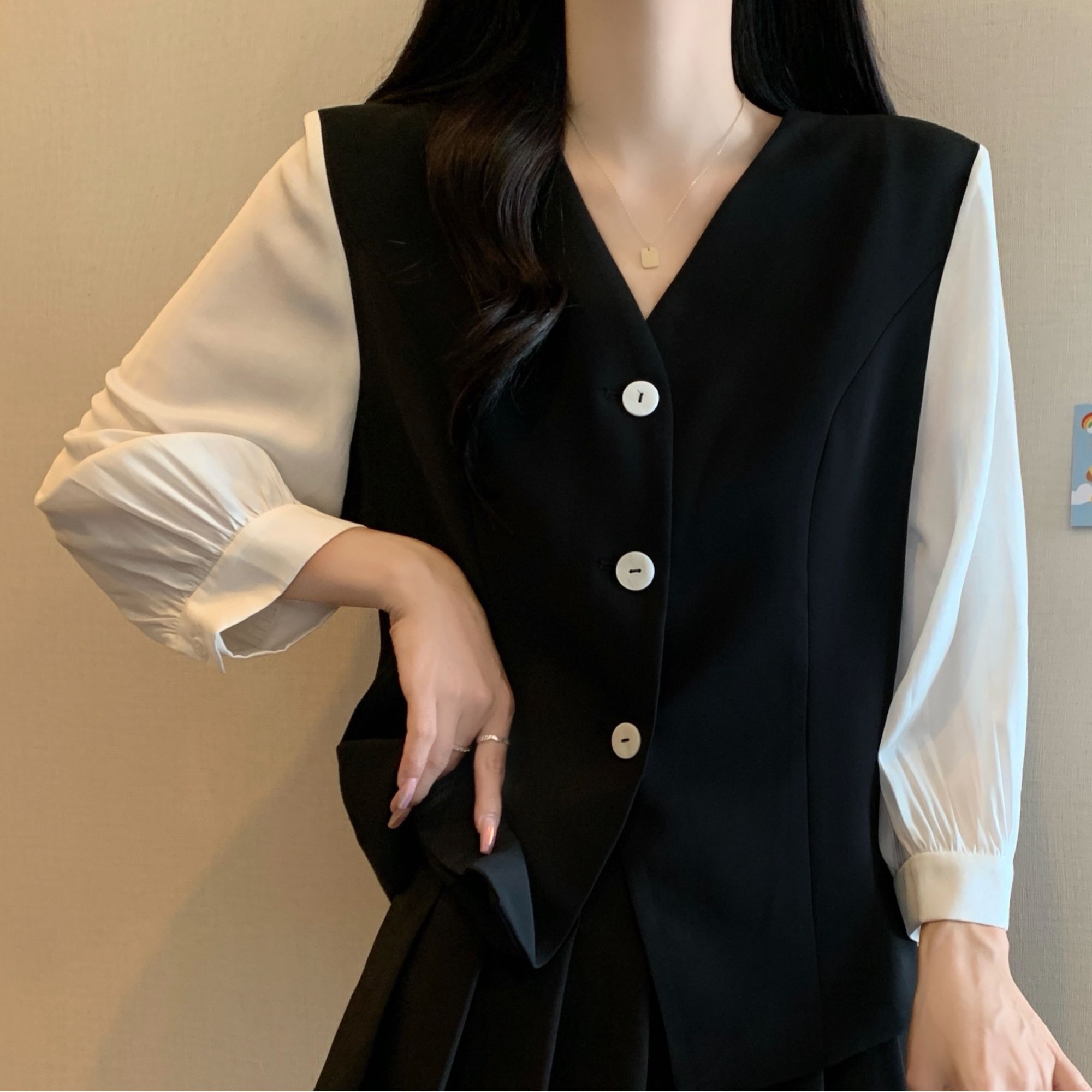 【RG1318】气质赫本风小众衬衫2025女新款显瘦时尚百搭拼接长袖小衫