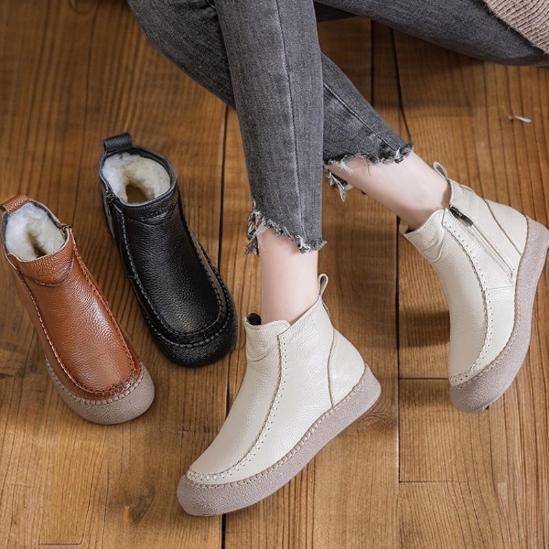 头层牛皮羊毛保暖短靴中老年妈妈女靴子复古软底防滑单靴