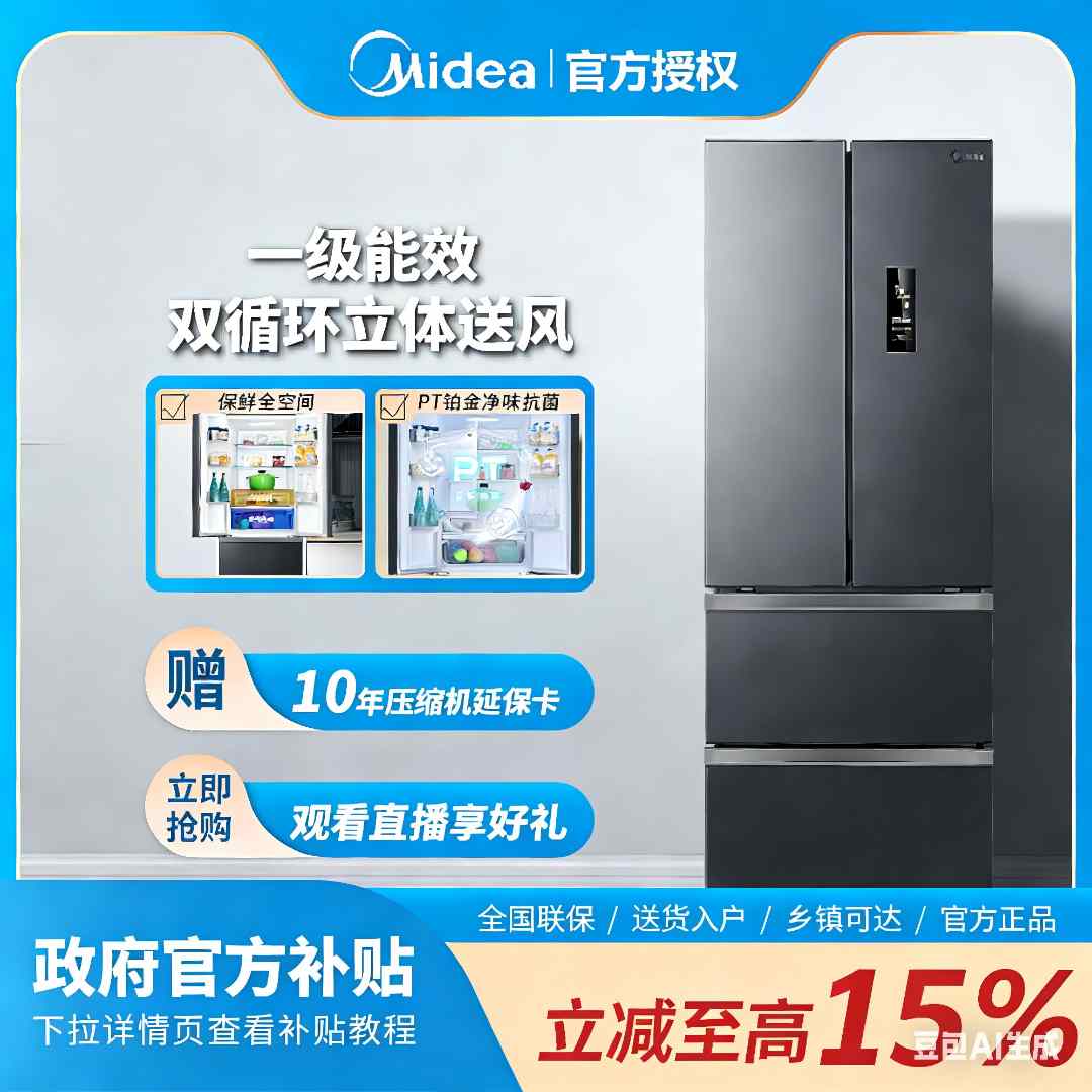 Midea/美的325一级双变频双循环全空间PT铂金净味抗菌法式冰箱