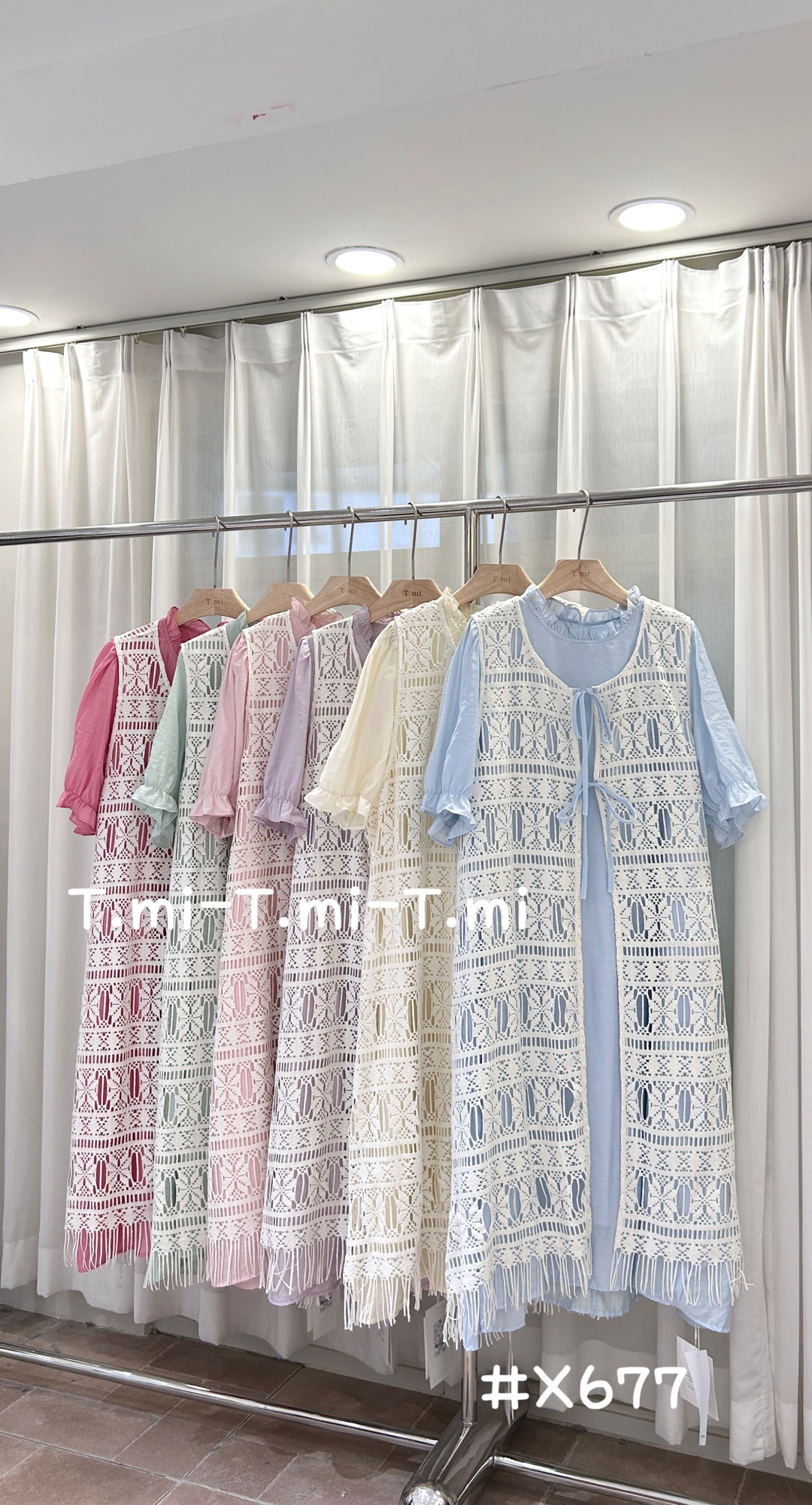 Tmi家X677-0215#韩系甜美木耳边连衣裙+蕾丝勾花马甲两件套