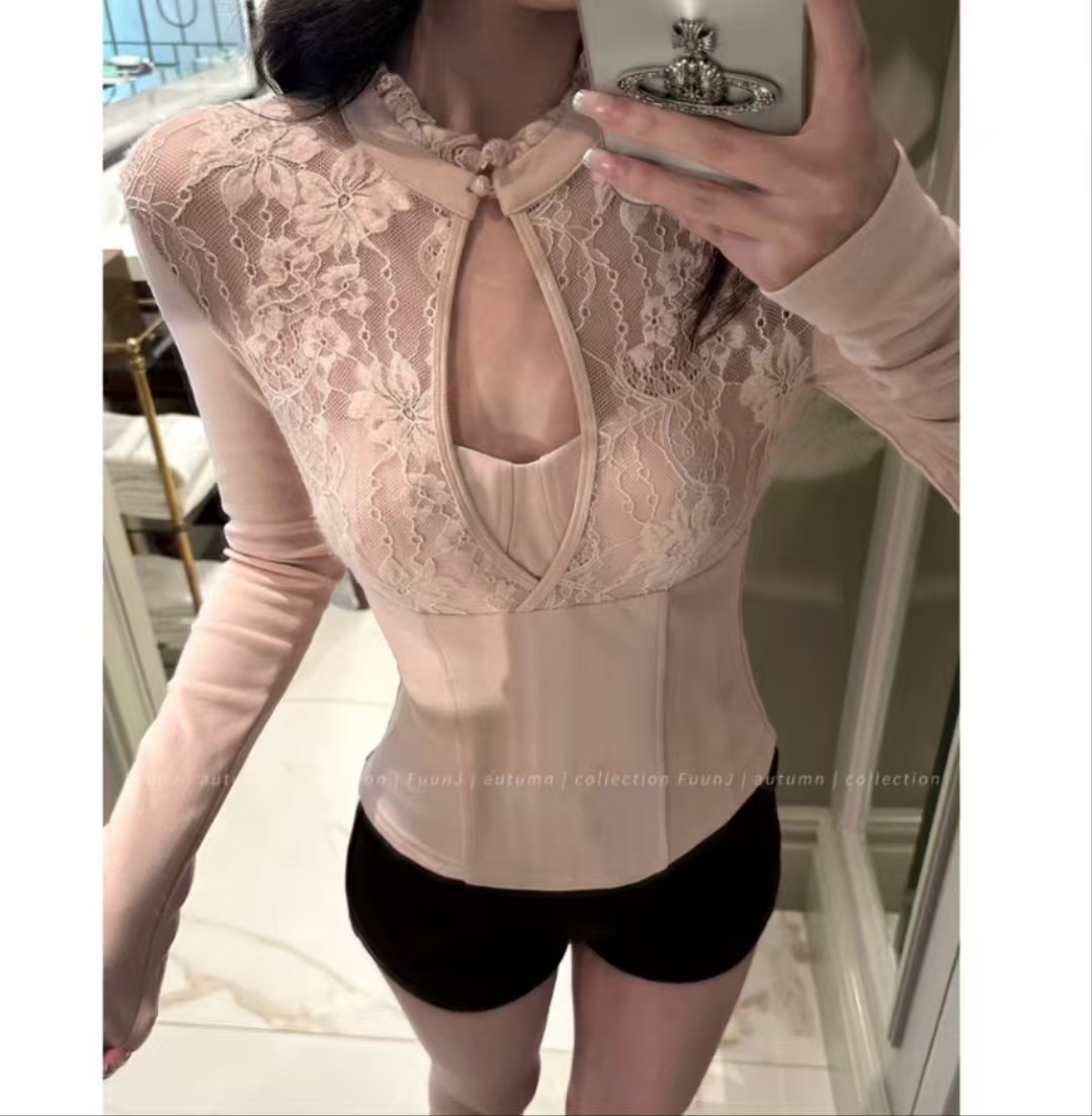 【现货6952】纯欲风设计感收腰修身蕾丝拼接打底上衣女镂空性感