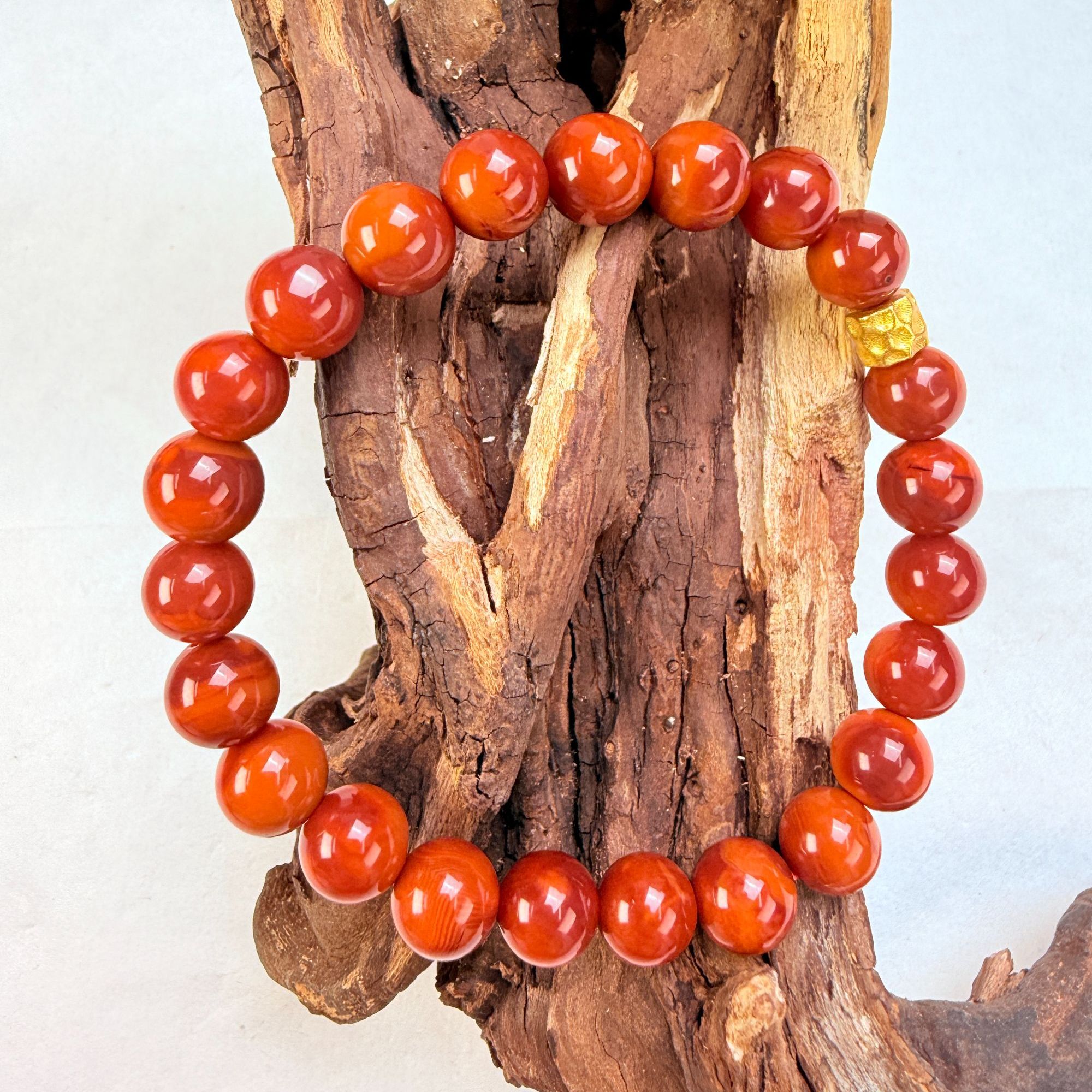 川料南红原矿圆珠火焰纹双色单圈手串