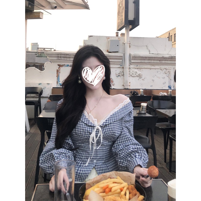 设计感蕾丝花边拼接格子衬衫灯笼袖长袖衬衣收腰蓝上衣女秋00891