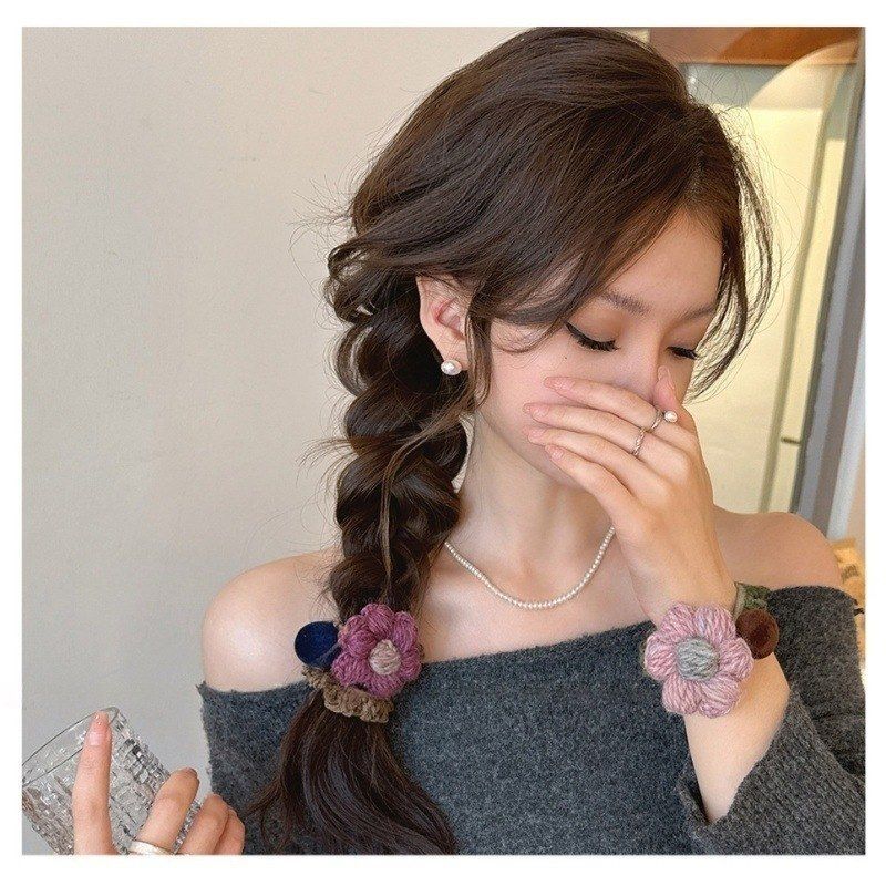 花花家毛线针织花朵头绳甜美少女丸子头发绳耐用皮筋三色各一