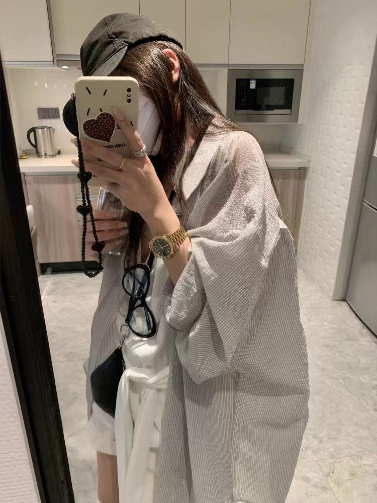 2025夏季慵懒风休闲暗条纹防晒衬衫女中长款外套夏宽松长袖空调衫