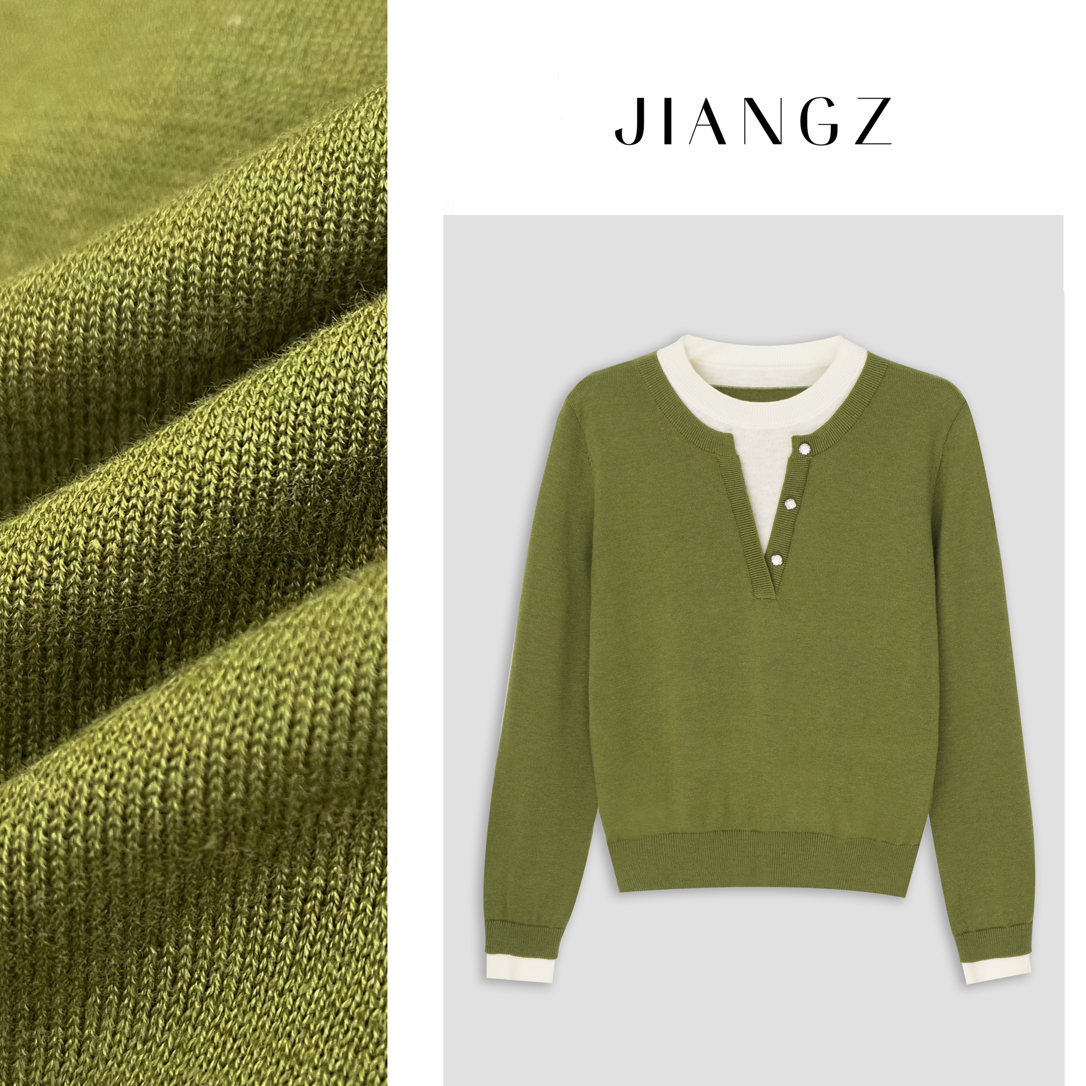 panii【绿意】早春新款2025百搭时尚洋气设计三粒扣装饰假两件毛衣