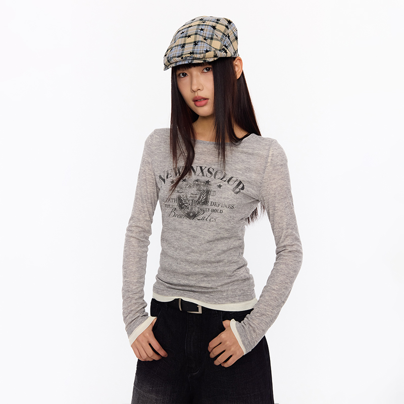 【江南先生】印花假两件长袖T恤春季女新款潮罩衫休闲打底衫