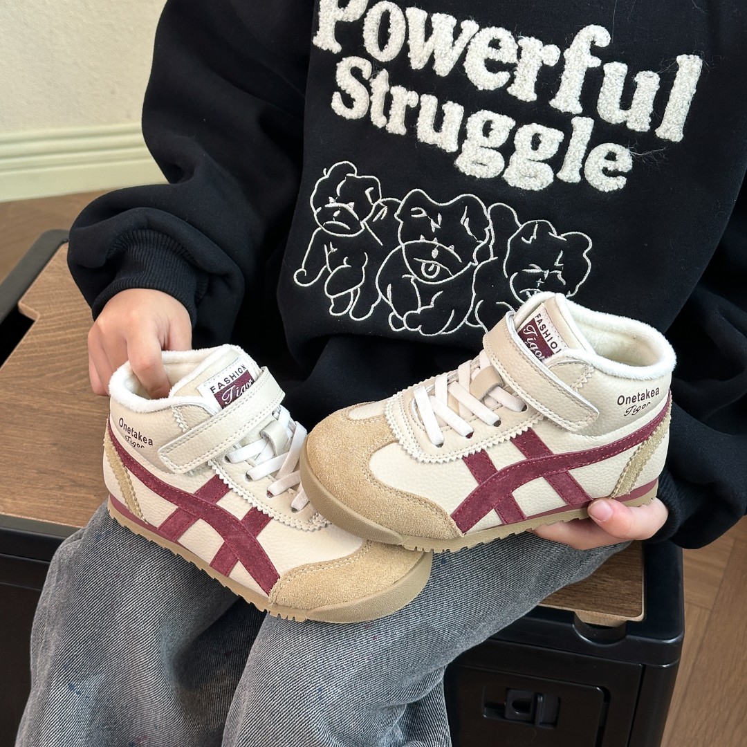 2025冬季高帮加绒酒红阿甘童鞋低帮极简风棉鞋休闲风男童女童轻便