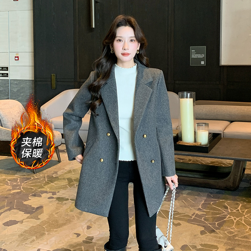 奢姿2024年冬季新款大码女装洋气西装领上衣胖妹妹休闲夹棉外套