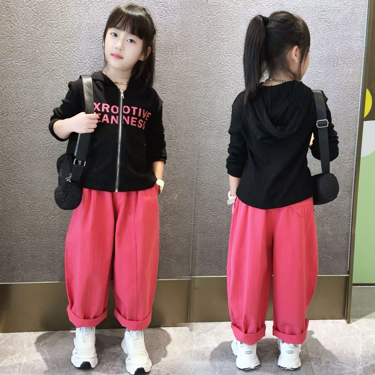 女童针织开衫套装2025秋季新款女孩修身连帽卫衣阔腿裤休闲