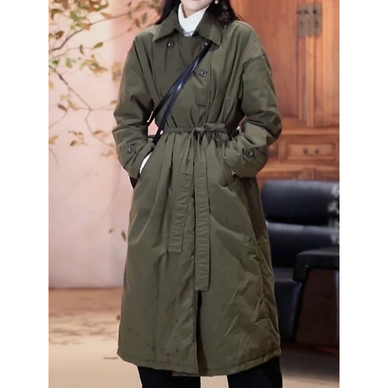 保暖棉服2025冬季新款气质百搭小众时尚绑带显瘦翻领纯色长款外套