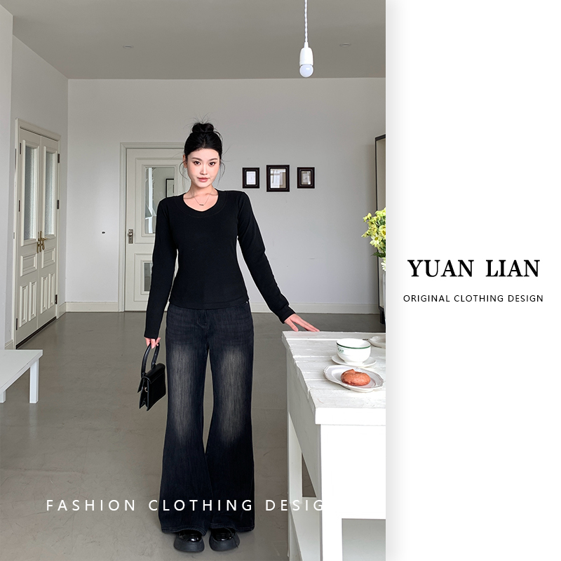 ZOZ糕冷圆脸[漫画长腿加绒版]弹力牛仔喇叭裤显瘦收腰修身休闲裤