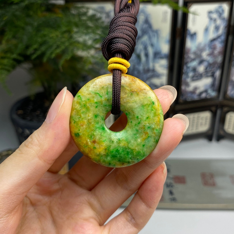 老料黄加绿复古平安扣怀古吊坠 天然翡翠A货