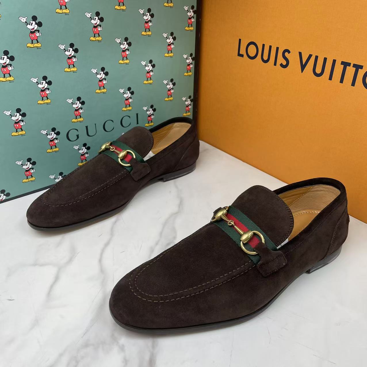 未使用 GUCCI/古驰 棕色麂皮双马衔扣潮流百搭舒适皮鞋/40.5码