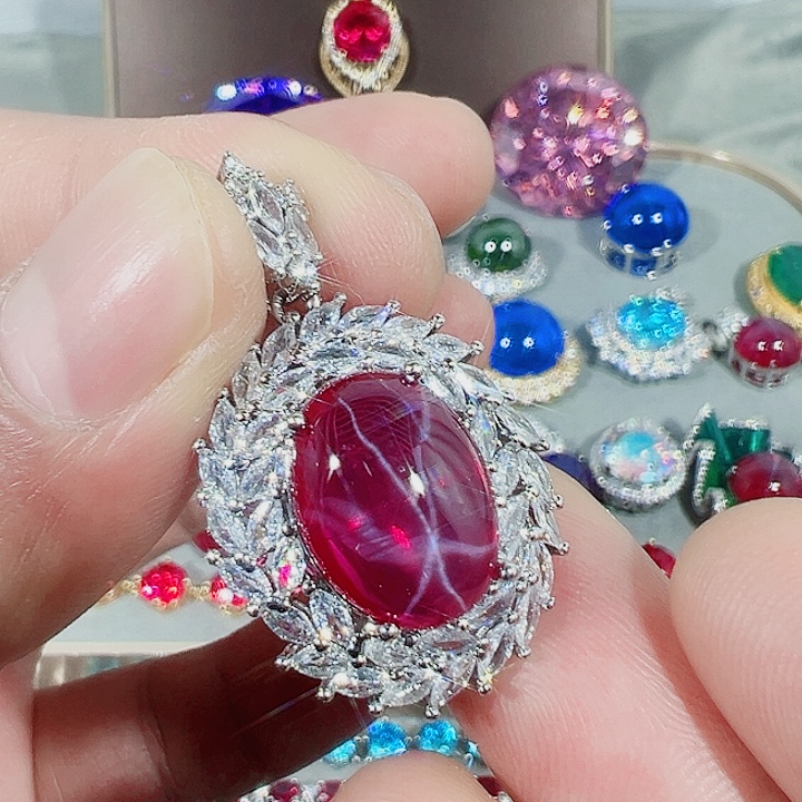 非金属红色蓝色满镶嵌吊坠戒指