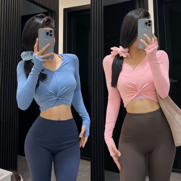 【大严家】交叉V领修身显瘦长袖瑜伽服春秋薄款健身运动上衣