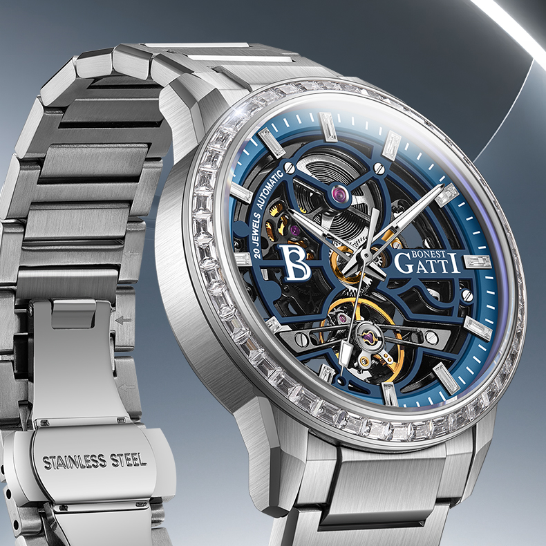 布加迪权利系列钻石圆盘满镶镂空全自动机械腕表BG8803-蓝