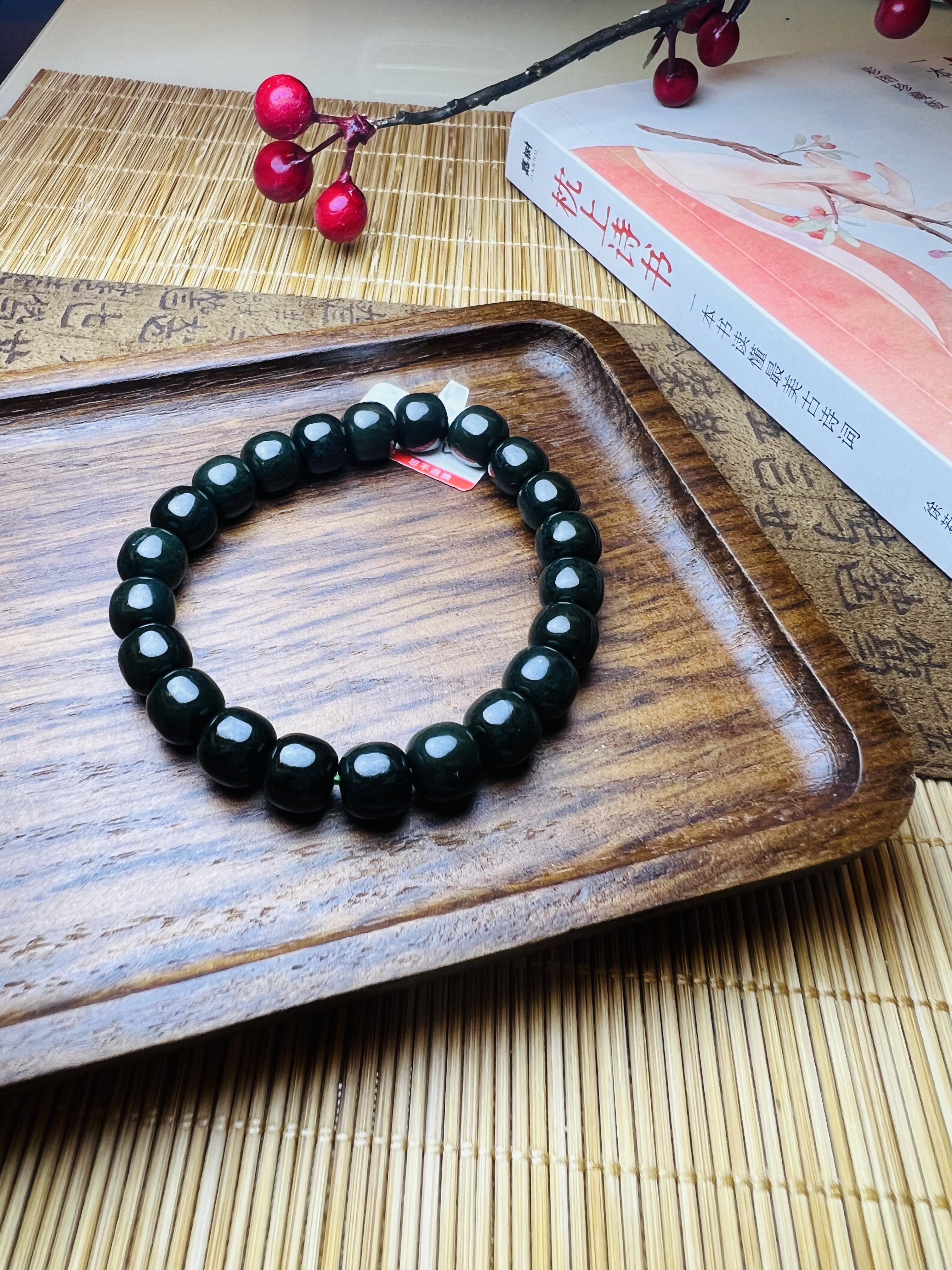 天然新疆和田玉塔青单圈手串