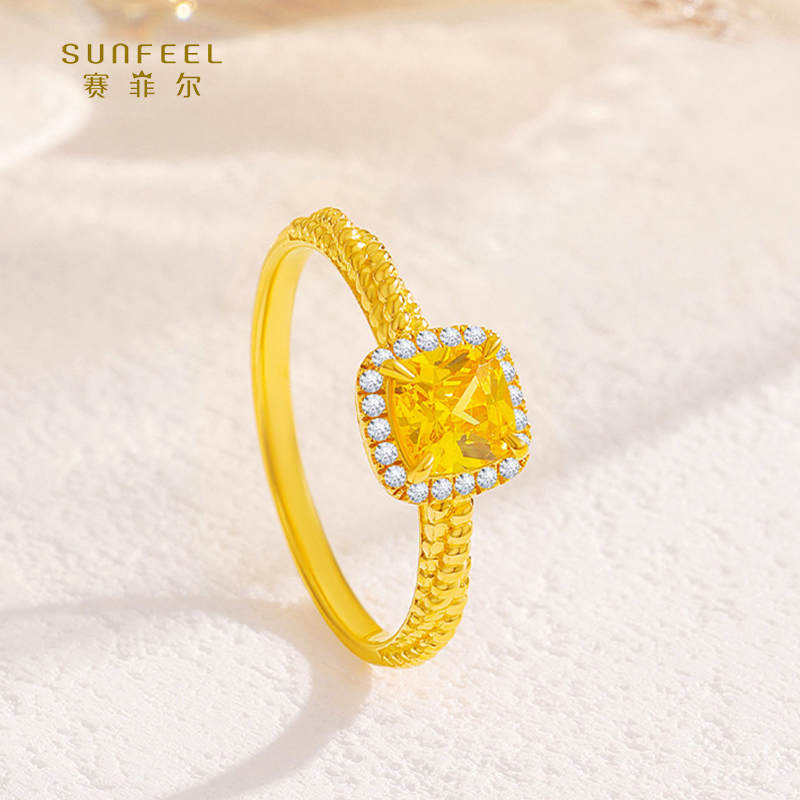 SUNFEEL/赛菲尔【授权店】足金时尚镶石方糖固口戒指YJ00053