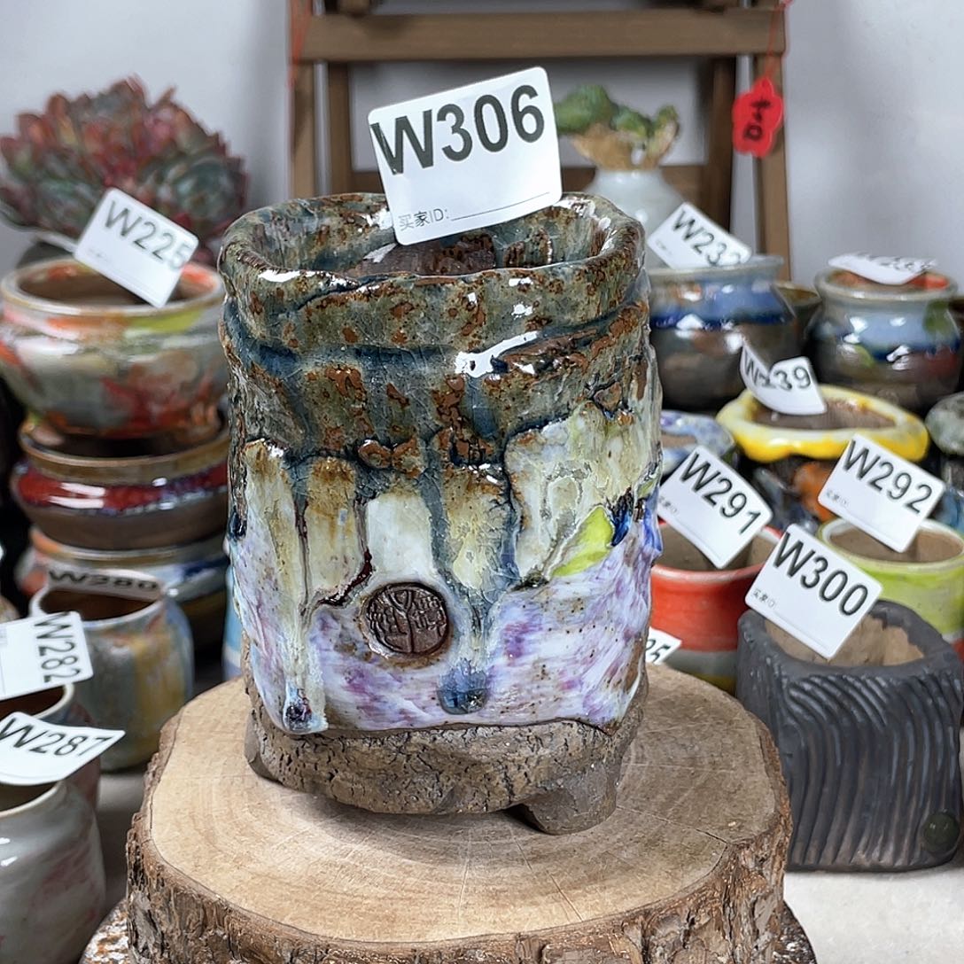 紫砂花盆孤品 不规则油画山石老桩 内口7