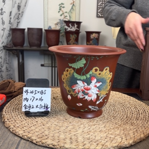 紫砂花盆大红袍全手工荷花手绘
