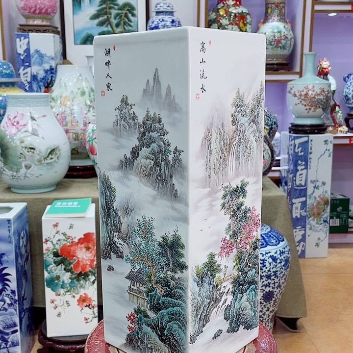 花瓶全手工粉彩山水四方镶器