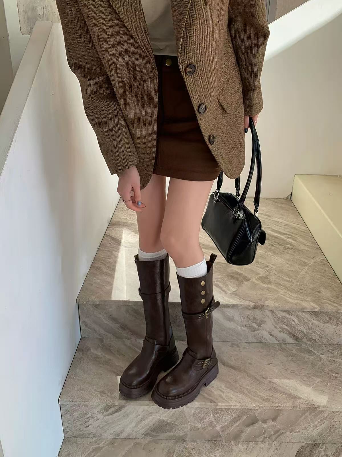 W9999-1长靴女秋新款棕色骑士靴增高厚底两穿高筒靴子薄绒