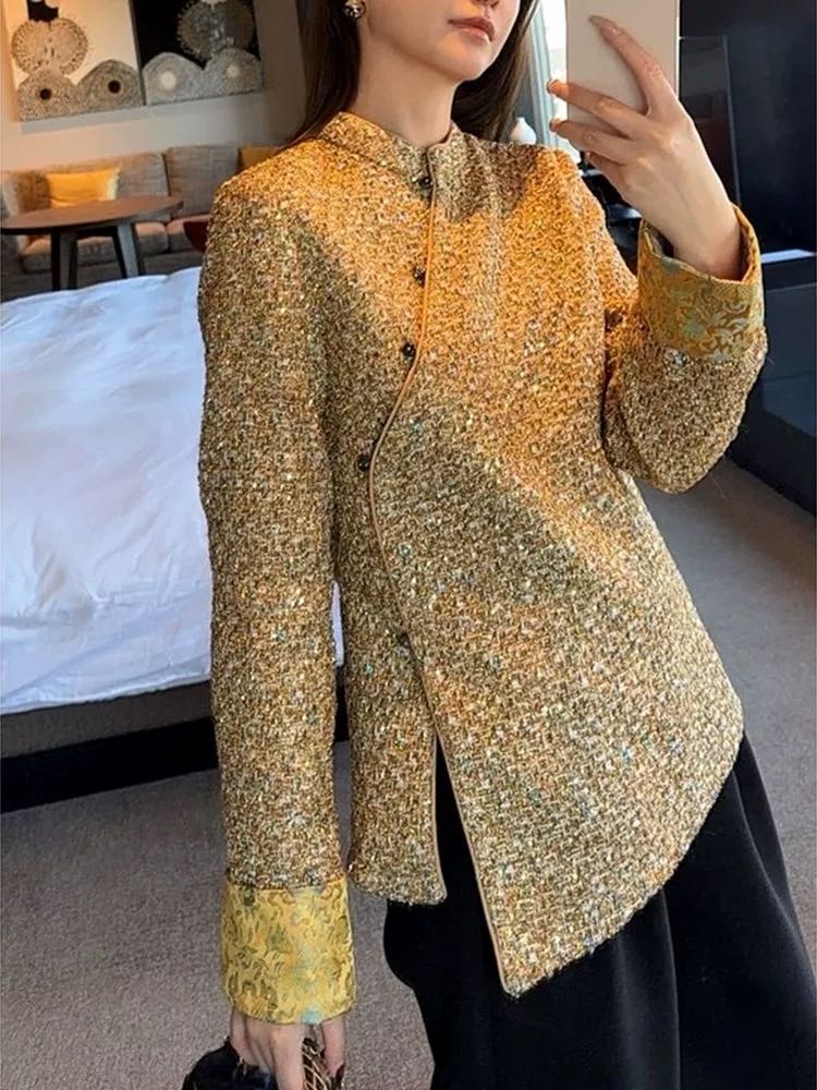 加棉国风气质唐装厚款斜襟立领纯色编织国风外套大码女3