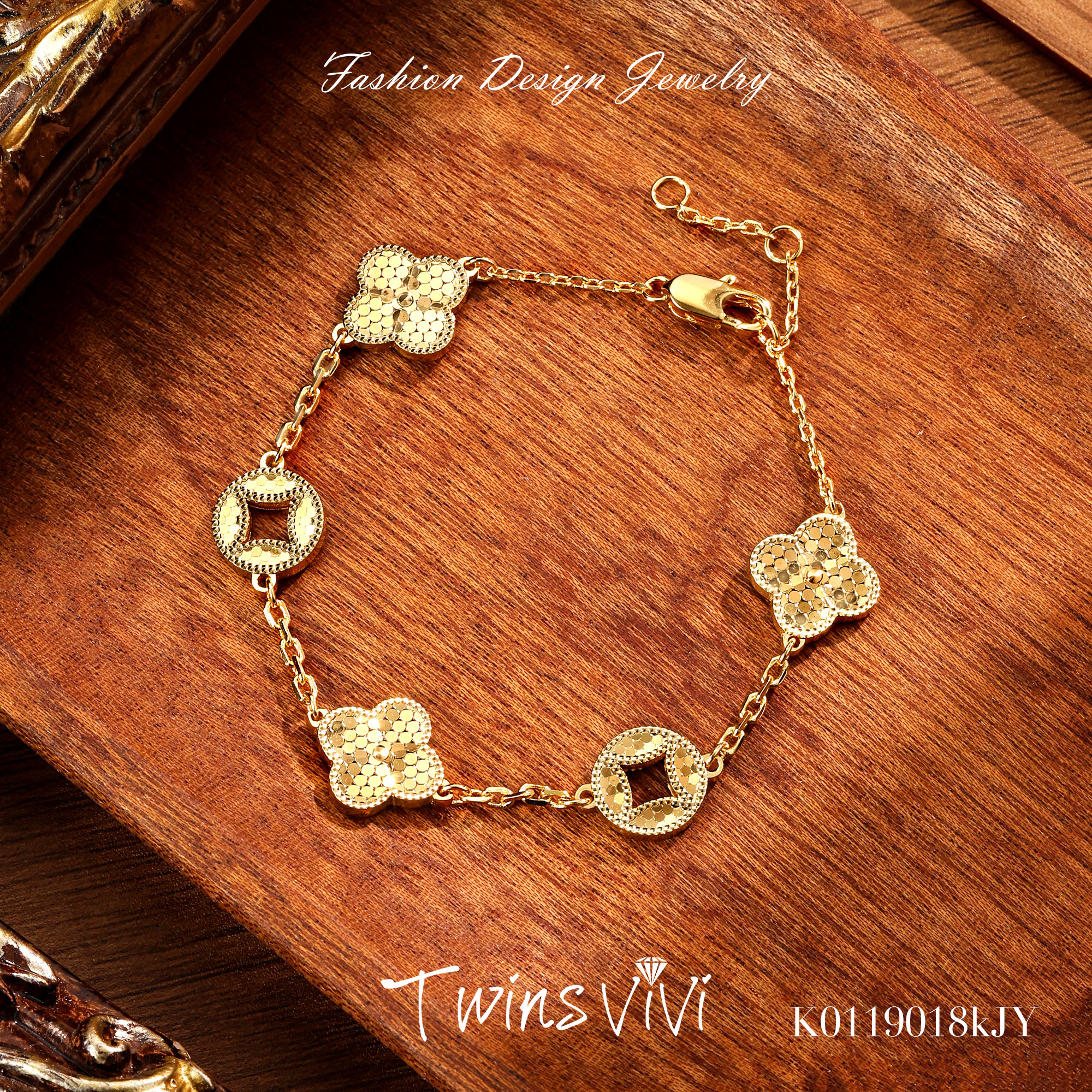 铜合金手链 Twins VIVI 镀K金 碎冰冰铜钱花花手链/K01190